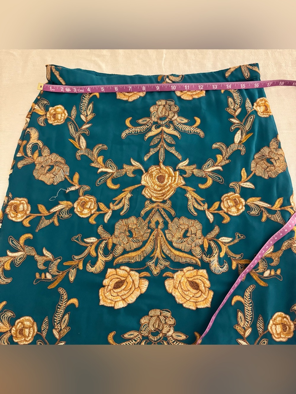 Yoana Baraschi Teal Skirt with Gold Floral Embroidery Size 6 - Picture 6 of 14
